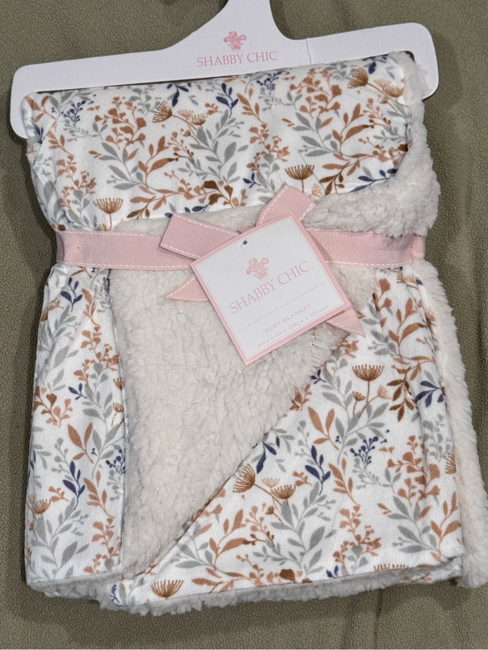 NWT Shabby Chic Floral Sherpa Baby Blanket 30x40 Earthy Botanical